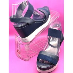 Franco Sarto Navy Blue Leather Suede Wedge Platform Sandal Kashmir Womens 7M